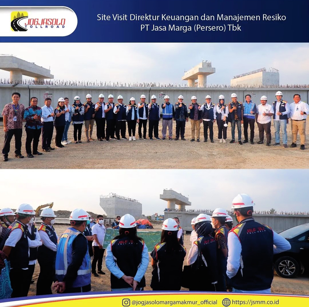Dalam rangka monitoring pengelolaan jalan tol di beberapa ruas jalan yang terhubung dalam jaringan jalan tol trans jawa, Direktur Keuangan dan Manajemen Resiko PT Jasa Marga (PERSERO) Tbk - Ade Wahyu beserta jajaran di dampingi dari pihak Perbankan melaksanakan site visit ke proyek pembangunan jalan tol ruas Solo-Yogjakarta-YIA Kulon Progo