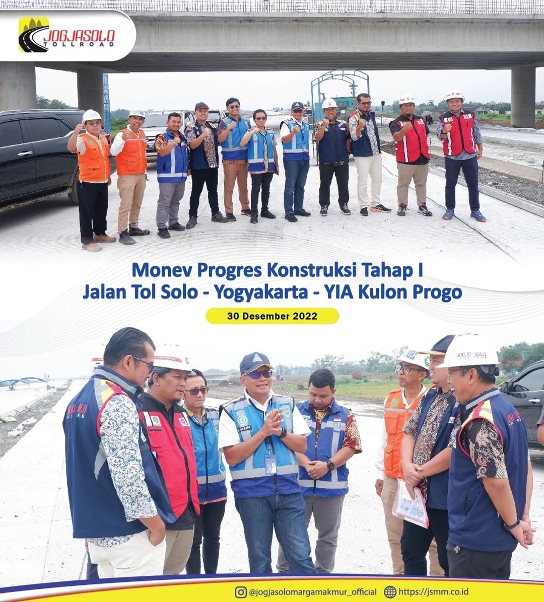 Dalam rangka melaksanakan Monitoring dan evaluasi Progres konstruksi Tahap 1 M. Agus Setiawan selaku Direktur Pengembangan Usaha PT Jasa Marga (PERSERO) Tbk melakukan kunjungan lapangan ke lokasi proyek seksi 1 Paket 1.1 dan 1.2
Kunjungan ini diteria langsung oleh Direktur Utama PT Jogjasolo Marga Makmur Suchandra P. Hutabarat yang didampingi Direktur Teknik Pristi Wahyono  serta Penyedia jasa Konstruksi dan Konsultan terkait